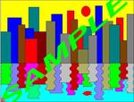 city_2, this imaginative and colorful drawing/poster is about a modern high-rise city behind a river in the night time