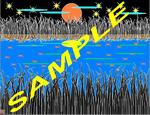 lake_1, this imaginative and colorful drawing/poster shows the lake surrounded by willows in the night time