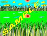 lake_2, this imaginative and colorful drawing/poster shows the lake surrounded by willows in the day time